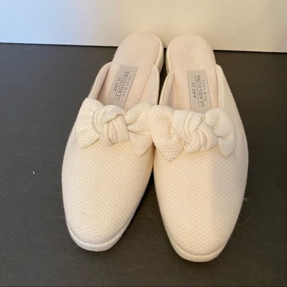 AMY JO GLADSTONE NEW SHOES SLIPPERS MULES WHITE TEXTURED FABRIC BOW - Picture 4 of 11